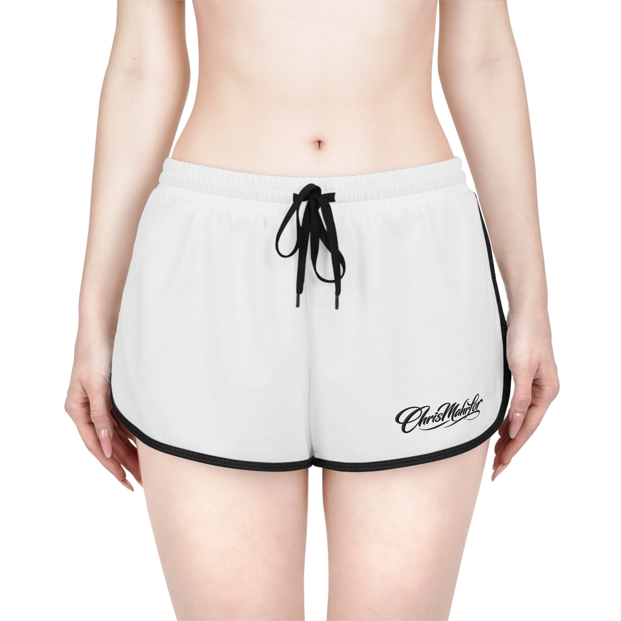 ChrisMahrLor Relaxed Shorts – Classic White Running Lounge Shorts with Script Logo