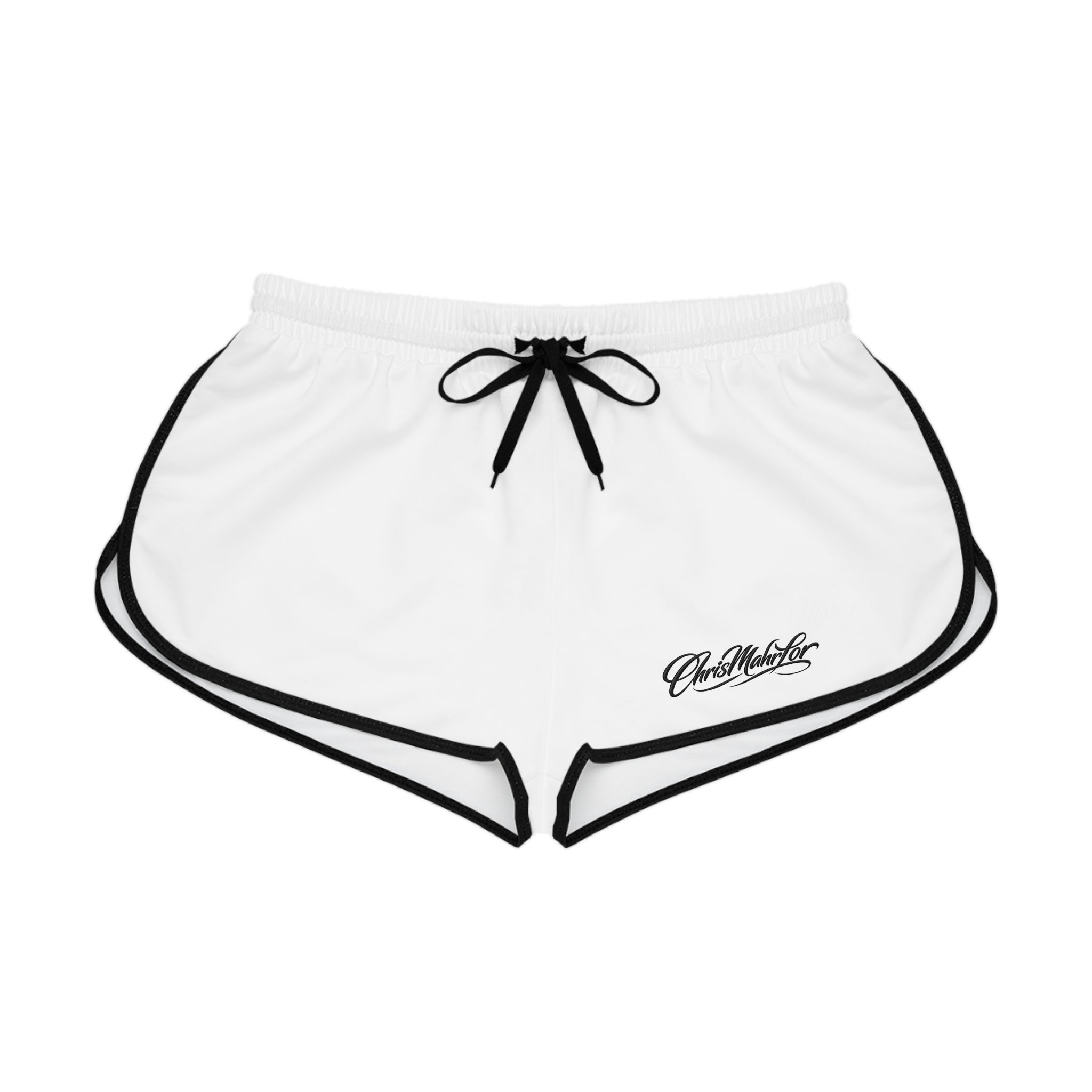 ChrisMahrLor Relaxed Shorts – Classic White Running Lounge Shorts with Script Logo